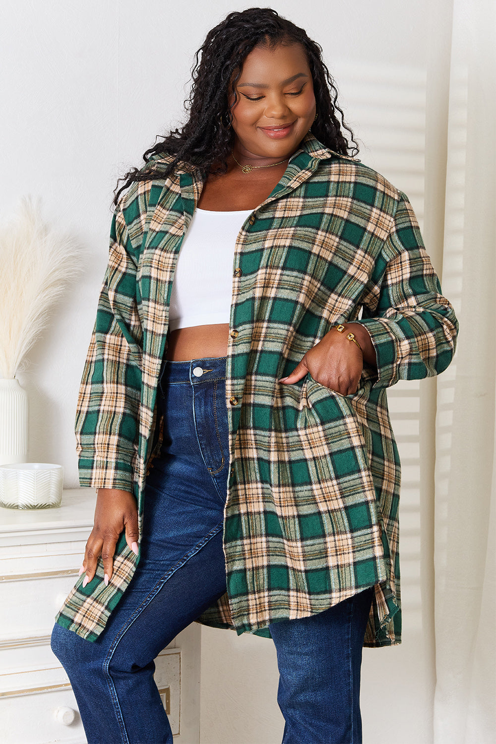 Plaid Collared Neck Long Sleeve Shirt