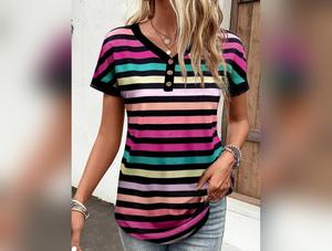 Striped V-Neck Short Sleeve T-Shirt Fall