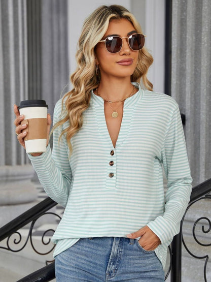 Striped Notched Long Sleeve T-Shirt