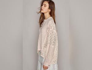 POL Round Neck Long Sleeve Raw Edge Lace Top