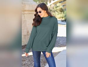 Basic Bae Full Size Ribbed Exposed Seam Mock Neck Knit Top