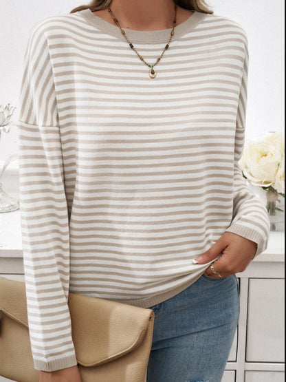 Devine Striped Round Neck Dropped Shoulder Sweater