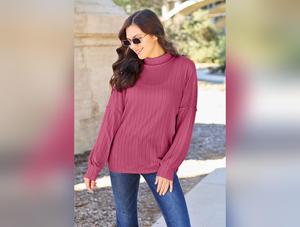 Basic Bae Full Size Ribbed Exposed Seam Mock Neck Knit Top