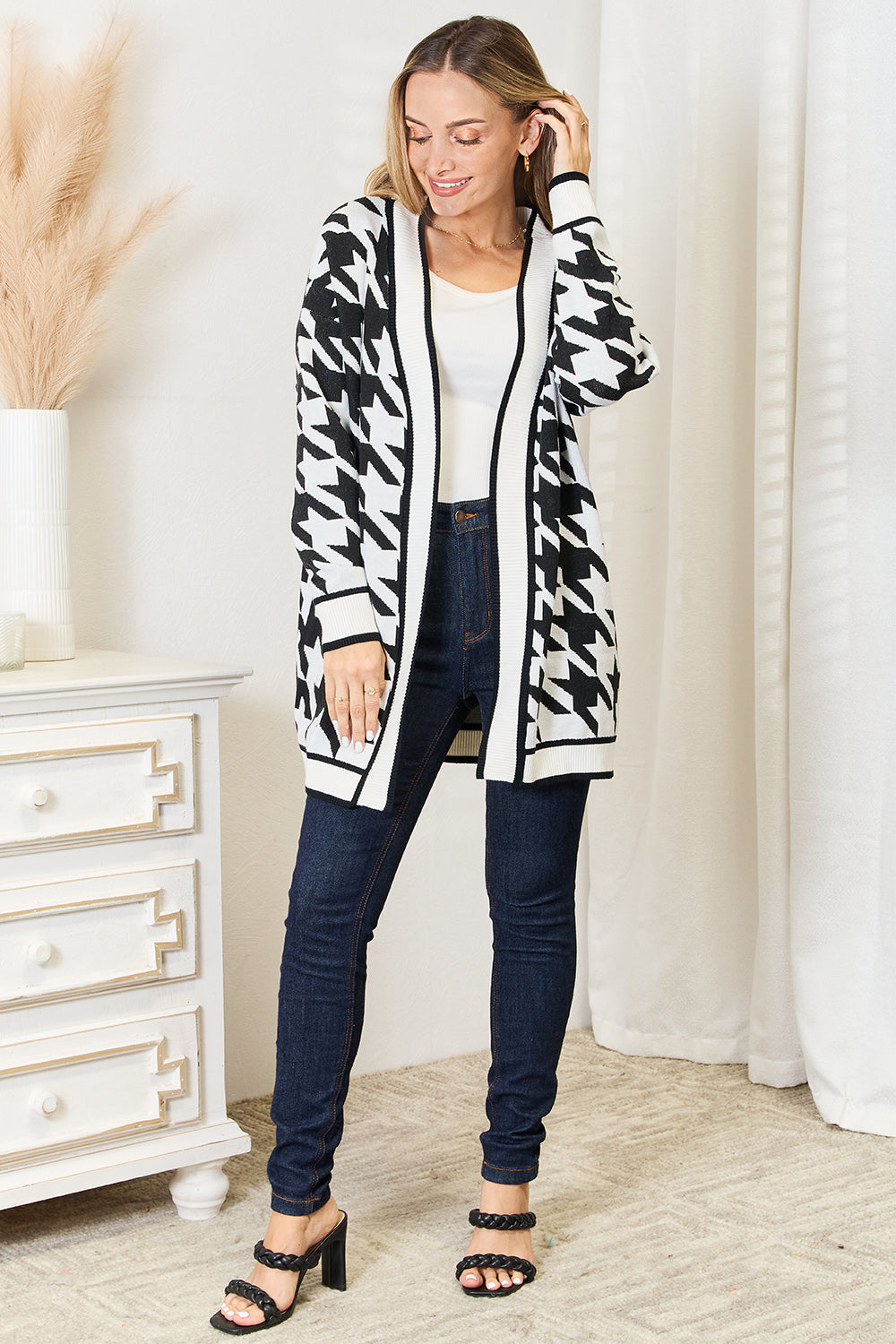 Woven Right Houndstooth Open Front Longline Cardigan