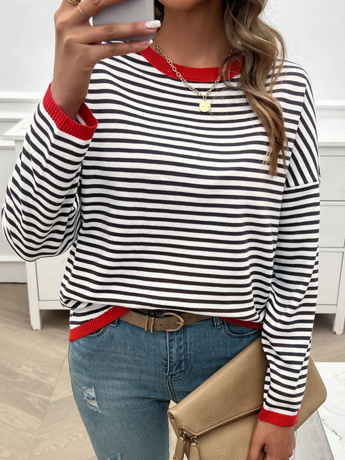 Devine Striped Round Neck Dropped Shoulder Sweater