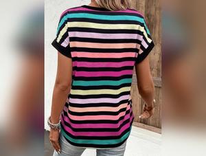 Striped V-Neck Short Sleeve T-Shirt Fall