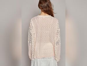 POL Round Neck Long Sleeve Raw Edge Lace Top