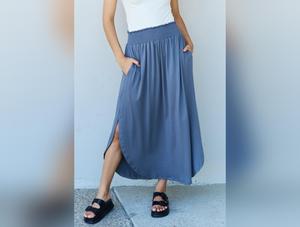 Doublju Comfort Princess Full Size High Waist Scoop Hem Maxi Skirt in Dusty Blue