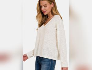 Zenana V-Neck Dropped Shoulder Long Sleeve T-Shirt