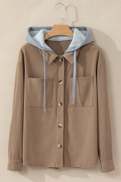 Drawstring Button Up Long Sleeve Hooded Jacket