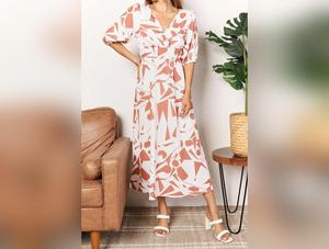 Women's Printed Surplice Balloon Sleeve Dress for Casual Wear