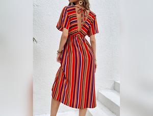 Slit Striped V-Neck Short Sleeve Midi Dress