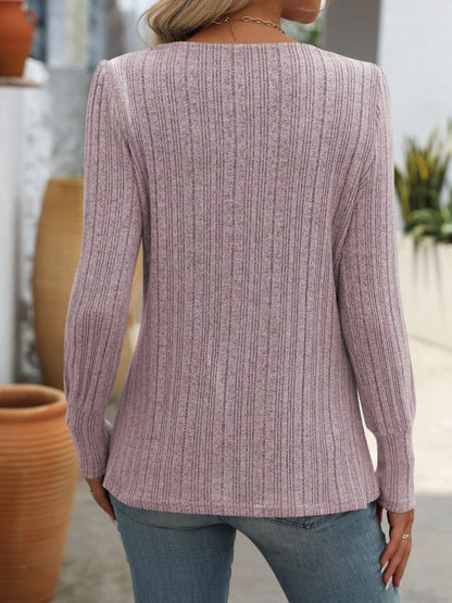 Mandy Decorative Button Striped Square Neck Long Sleeve T-Shirt