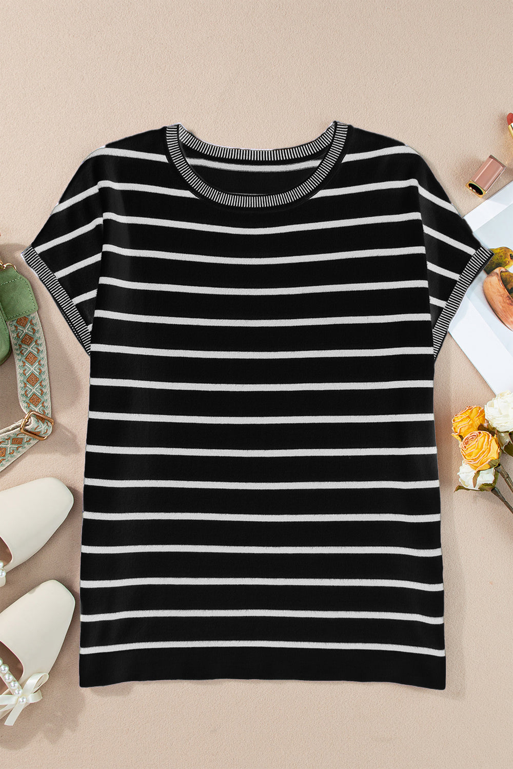 Striped Round Neck Cap Sleeve Knit Top