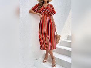 Slit Striped V-Neck Short Sleeve Midi Dress