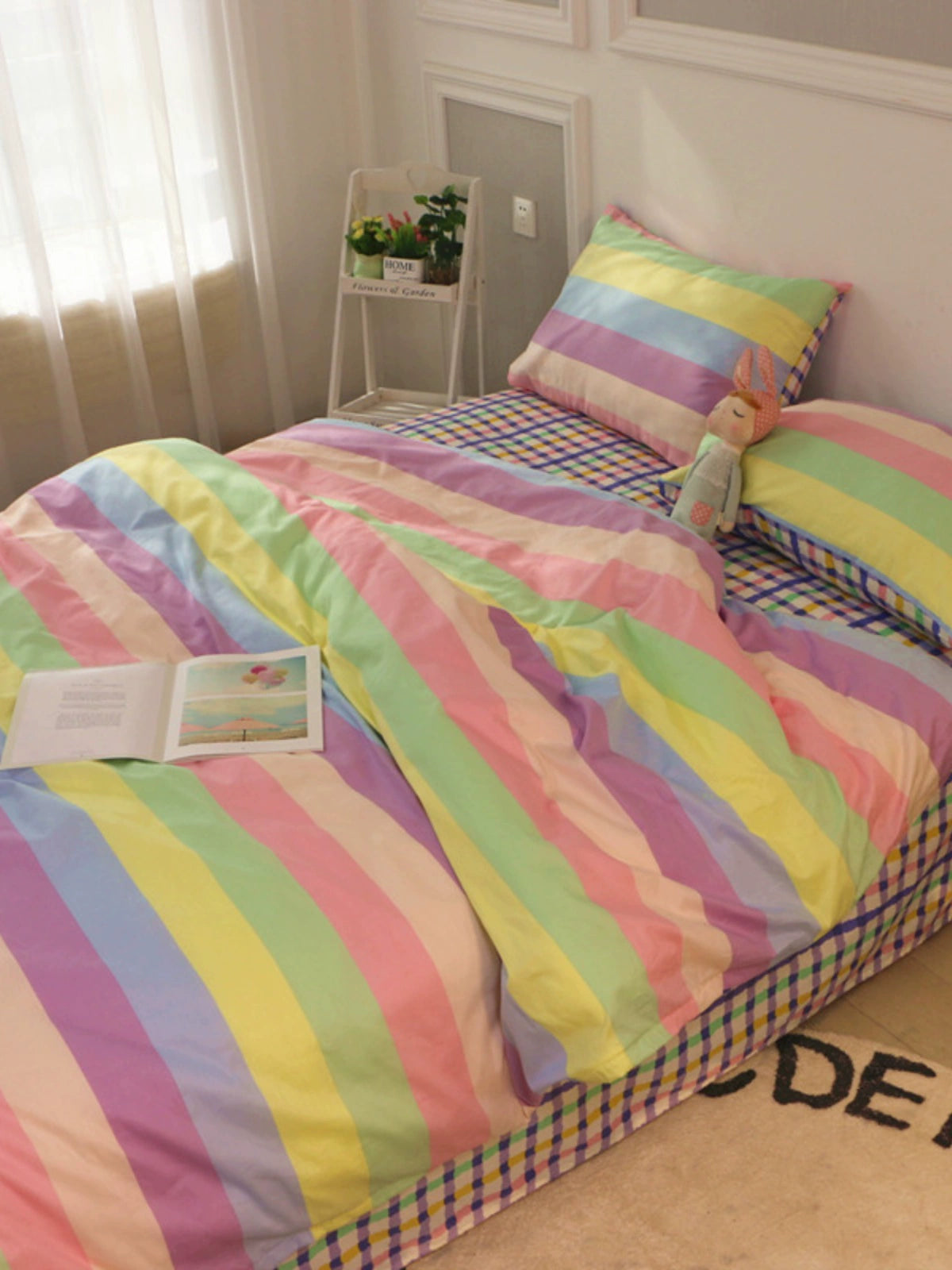 INS Rainbow Stripes Matching Rainbow Plaid Fresh Cotton Four-Piece Set Pure Cotton Double Quilt Cover Bedding