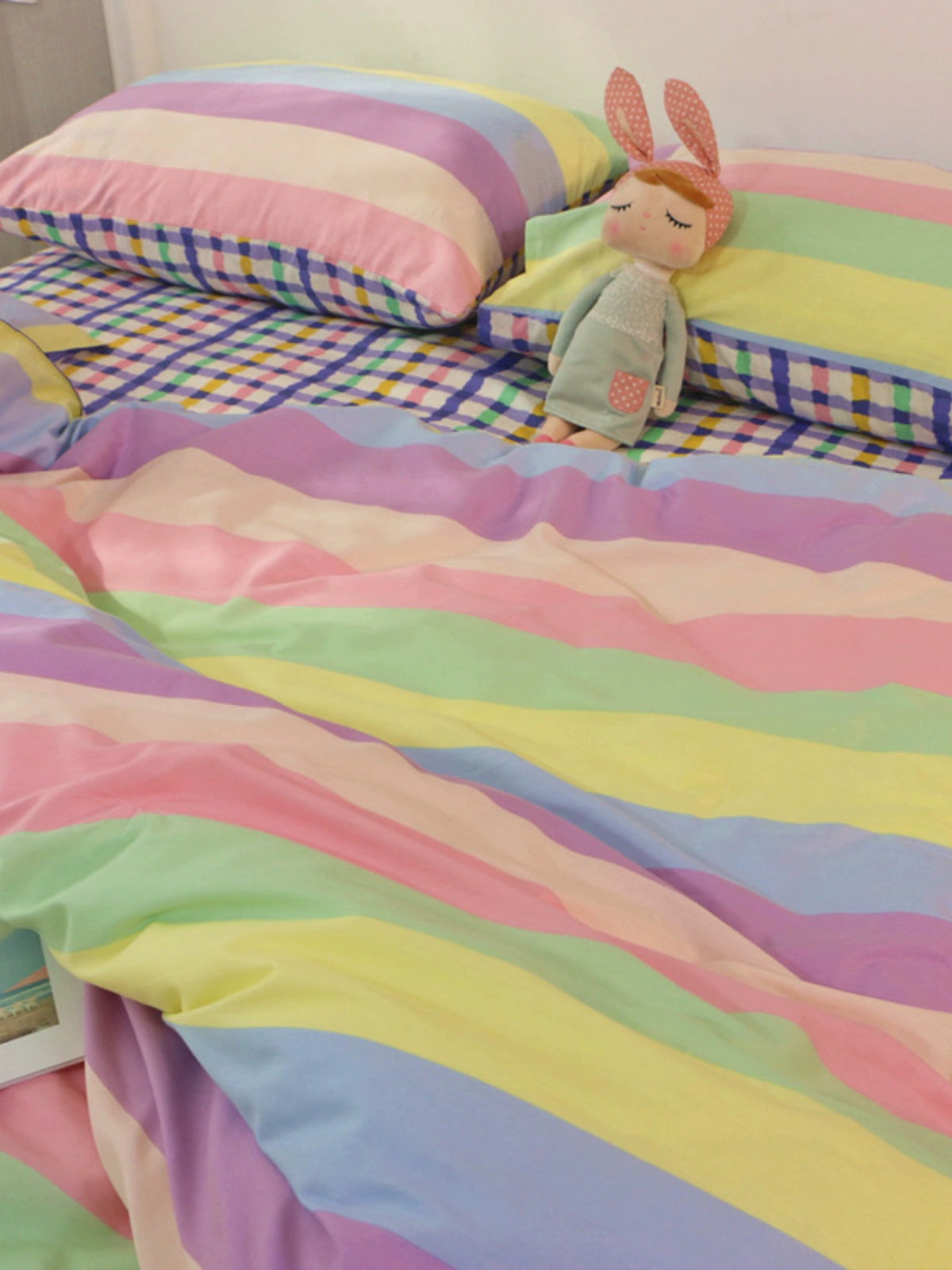 INS Rainbow Stripes Matching Rainbow Plaid Fresh Cotton Four-Piece Set Pure Cotton Double Quilt Cover Bedding