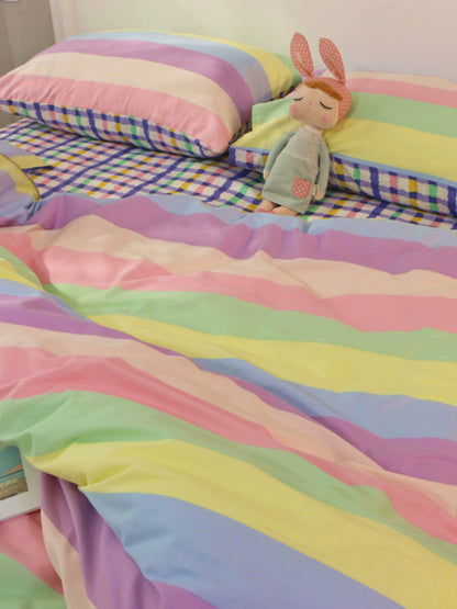 INS Rainbow Stripes Matching Rainbow Plaid Fresh Cotton Four-Piece Set Pure Cotton Double Quilt Cover Bedding