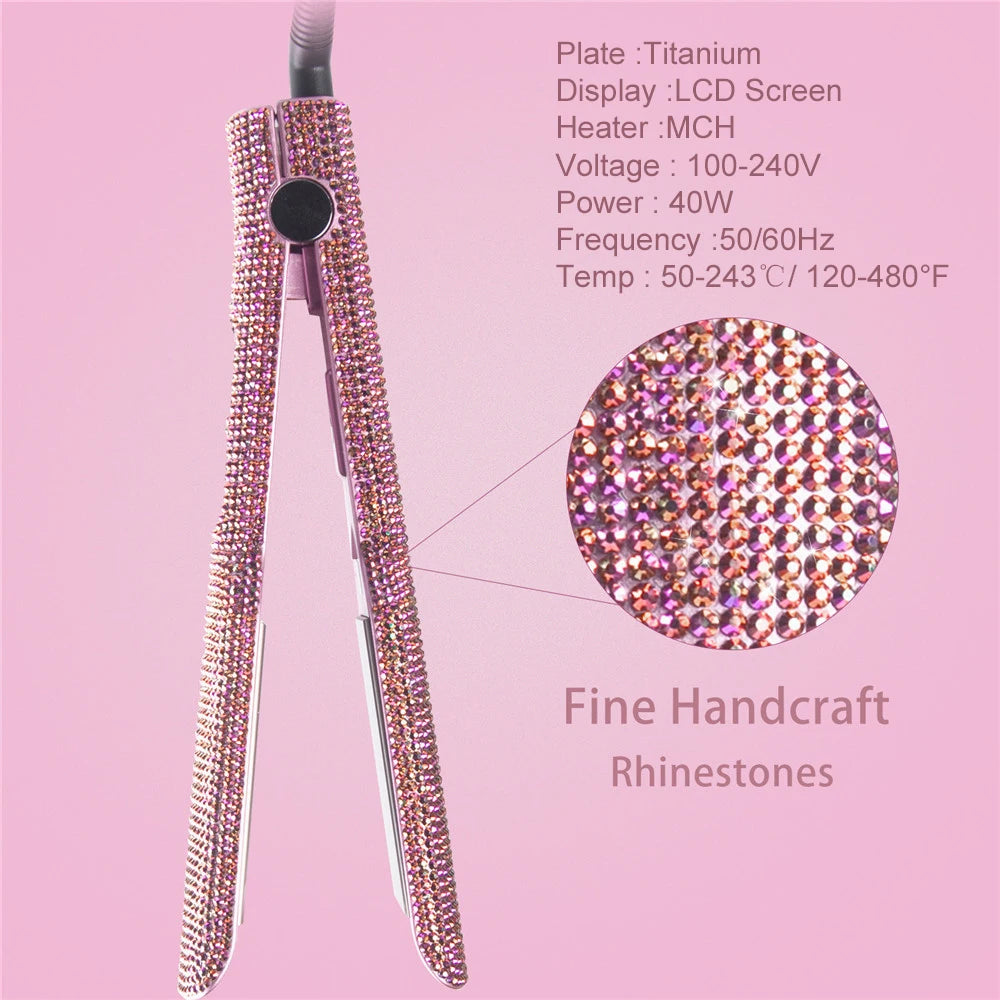 Rhinestones Flat Iron Professional Hair Straightener Curler Hand Made Crystal Diamond With LCD Display Titanium Wide Plate Irons