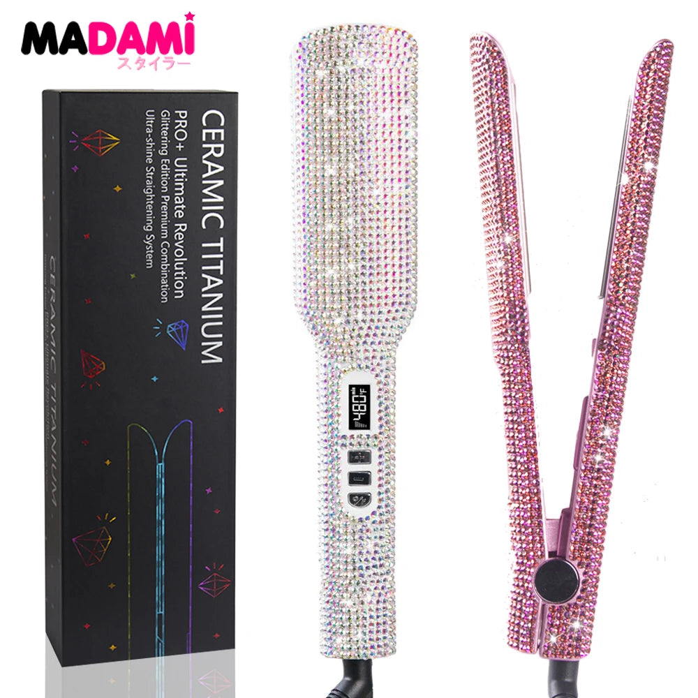 Rhinestones Flat Iron Professional Hair Straightener Curler Hand Made Crystal Diamond With LCD Display Titanium Wide Plate Irons