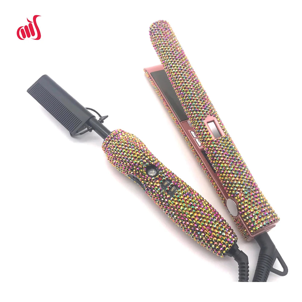 Hair Straightener and Hot Comb Set with Rhinestone High Heat Flat Iron straighter Combo peigne chauffant lisseur Lisseur Cheveux