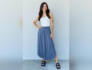 Doublju Comfort Princess Full Size High Waist Scoop Hem Maxi Skirt in Dusty Blue