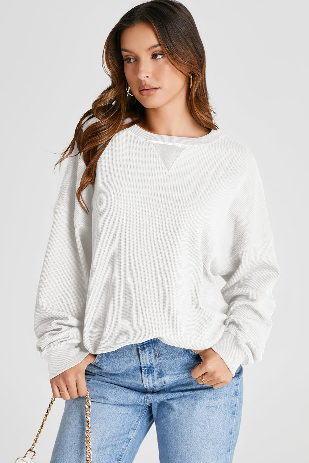 Waffle-Knit Long Sleeve Sweatshirt