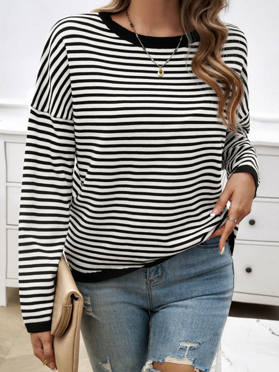 Devine Striped Round Neck Dropped Shoulder Sweater