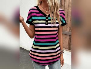 Striped V-Neck Short Sleeve T-Shirt Fall