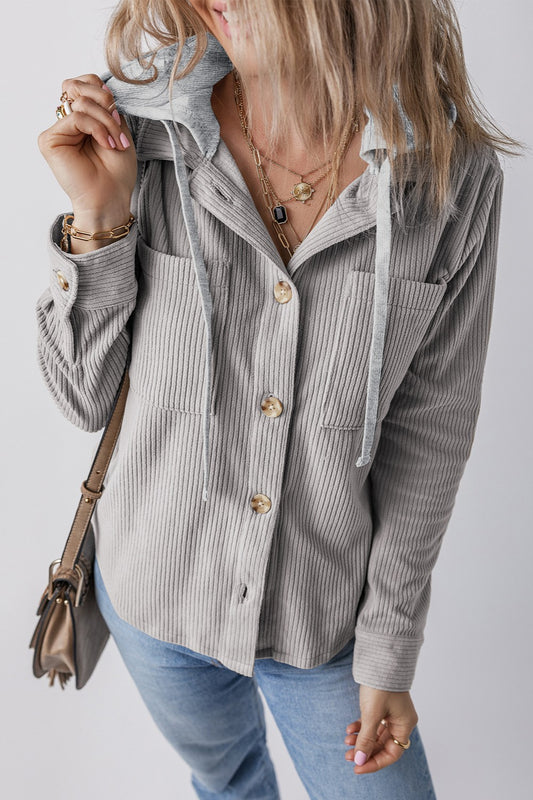 Drawstring Button Up Long Sleeve Hooded Jacket