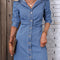 Ruched Button Up Long Sleeve Denim Dress