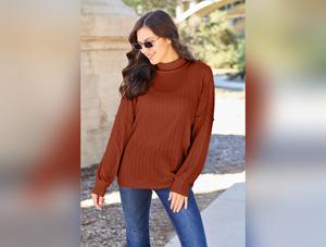 Basic Bae Full Size Ribbed Exposed Seam Mock Neck Knit Top