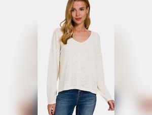 Zenana V-Neck Dropped Shoulder Long Sleeve T-Shirt