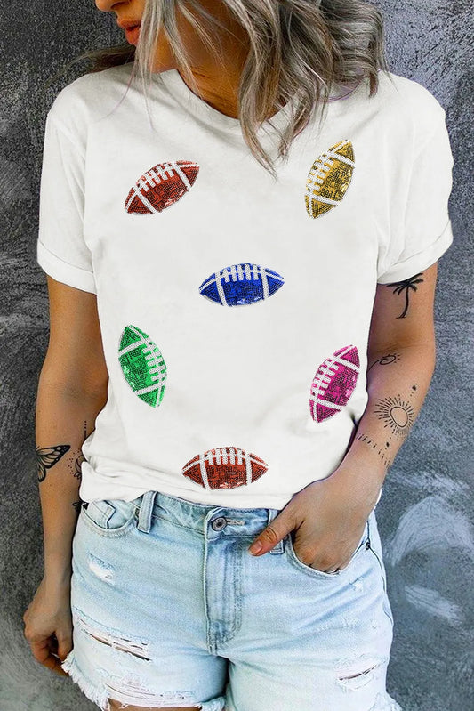 Sequin Football Round Neck Short Sleeve T-Shirt