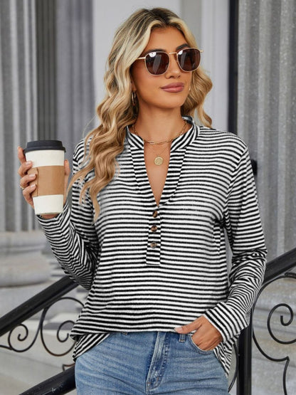 Striped Notched Long Sleeve T-Shirt