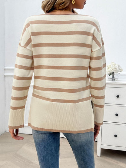 Devine Striped V-Neck Long Sleeve Knit Top