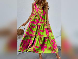 Women's Tiered Printed V-Neck Sleeveless Dress for Summer