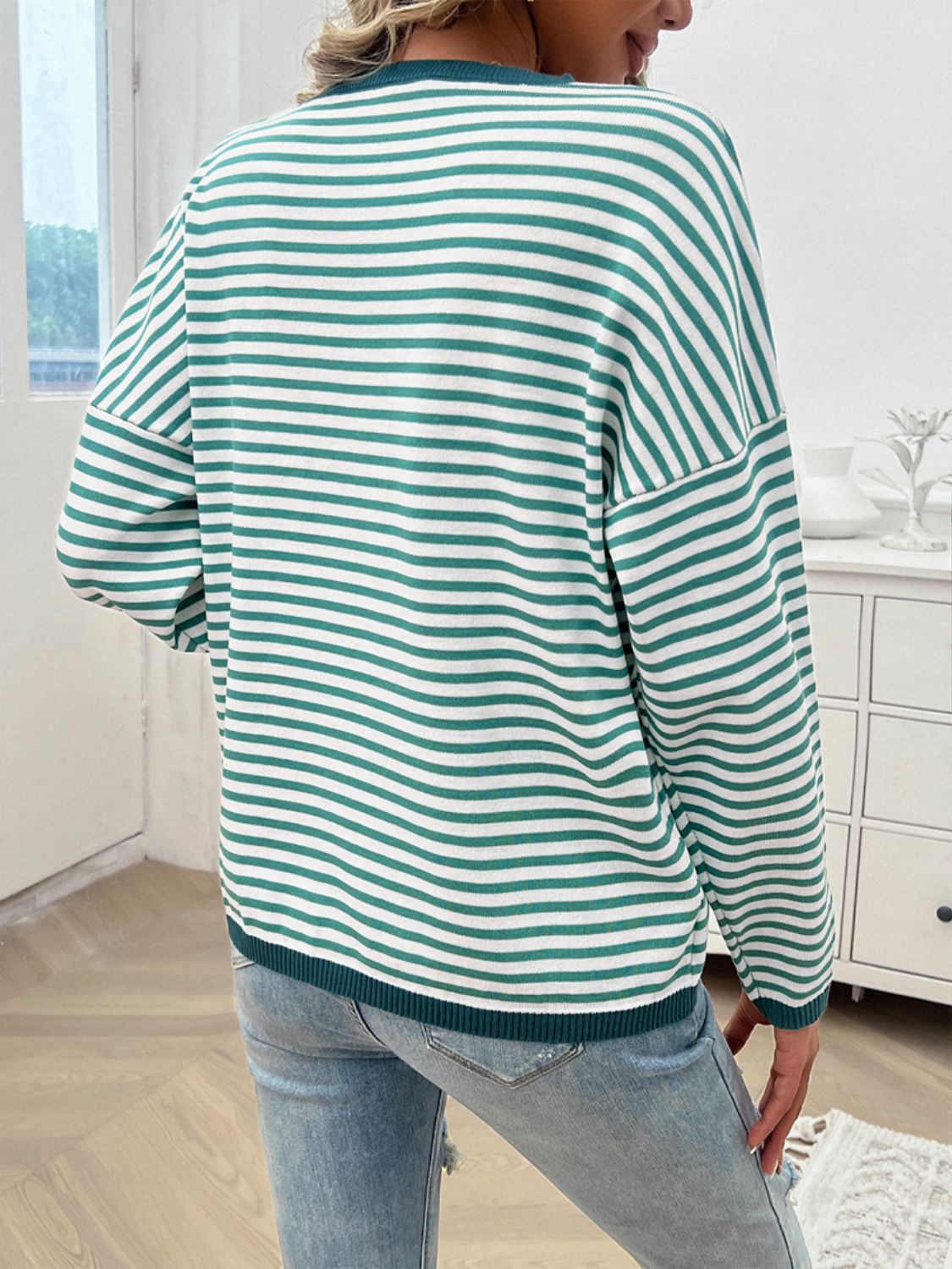 Devine Striped Round Neck Dropped Shoulder Sweater