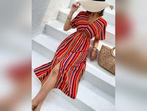 Slit Striped V-Neck Short Sleeve Midi Dress