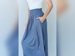 Doublju Comfort Princess Full Size High Waist Scoop Hem Maxi Skirt in Dusty Blue