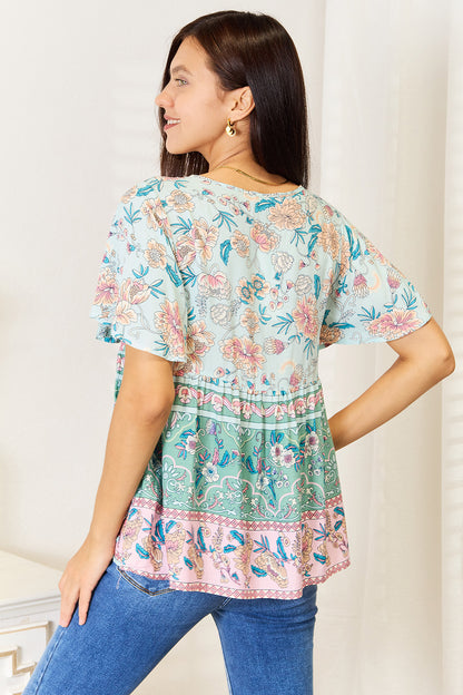 Floral Tie Neck Short Sleeve Blouse